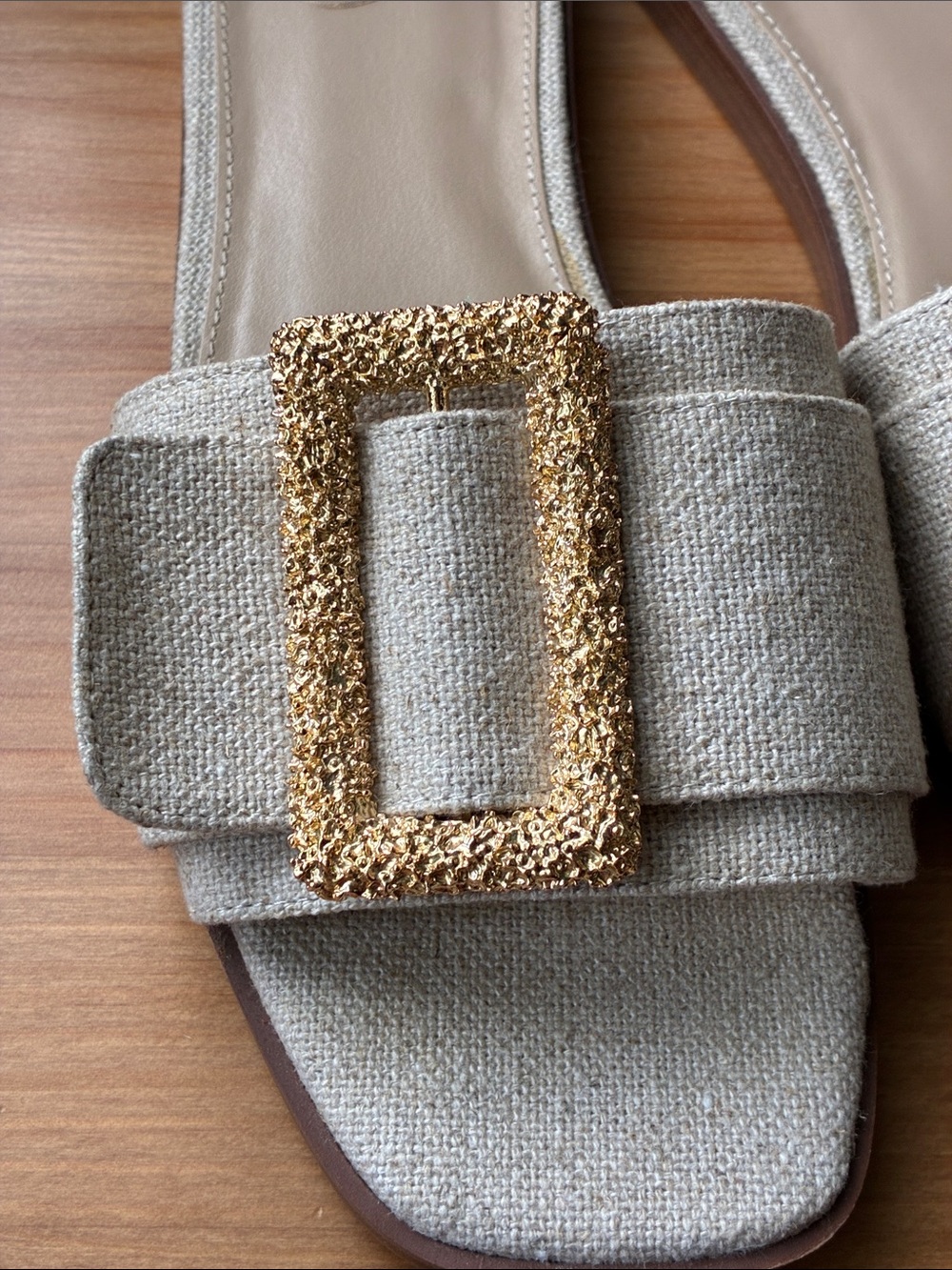 Neutral Beige Slide Mules with Gold Buckle - Picture 12 of 12